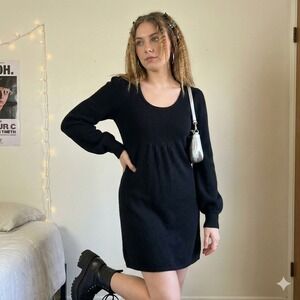 Vintage Y2K Aqua Cashmere Sweater Dress Womens Medum Black Ribbed Pleated